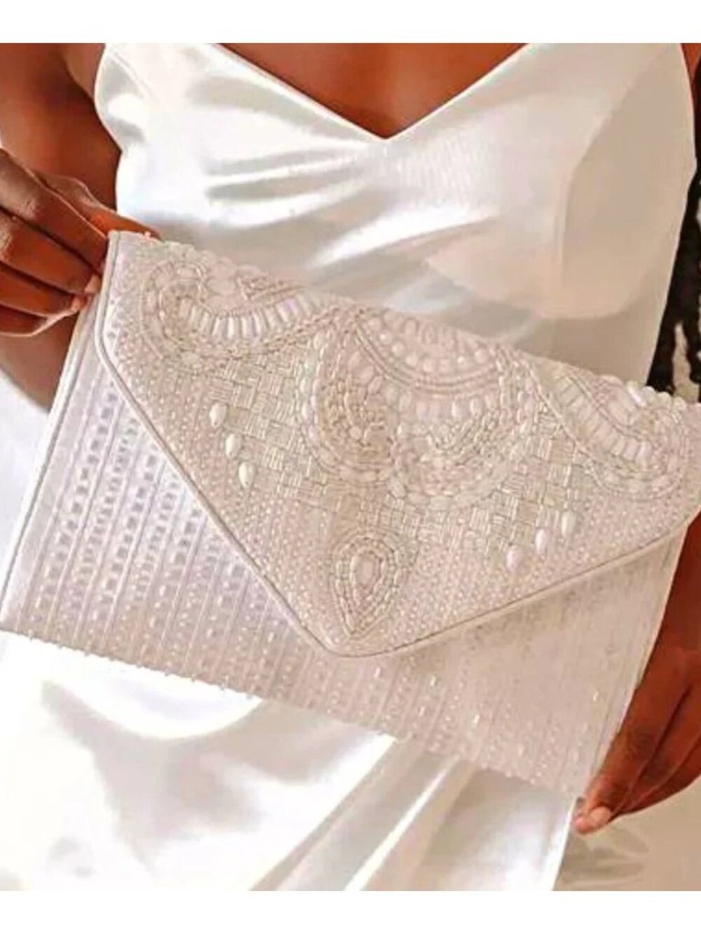 White Bridal Pearl Beaded Bag Clutch Crossbody Handbag Wedding Bride Gift - Picture 2 of 8